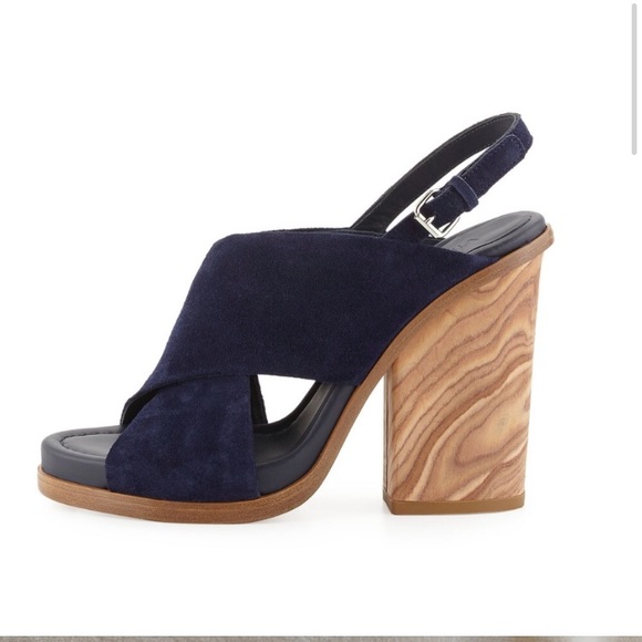 Vince Helena Navy Blue Suede Wooden Block Heel Sandal Shoes Size 8M - Picture 1 of 9